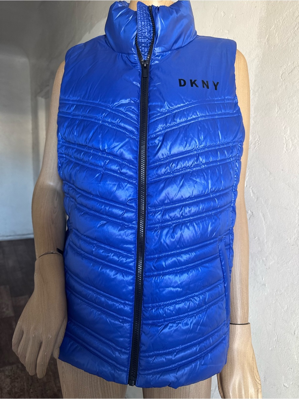 DKNY Sport Royal Blue Quilted Puffer Vest Full Zip Activewear Size L